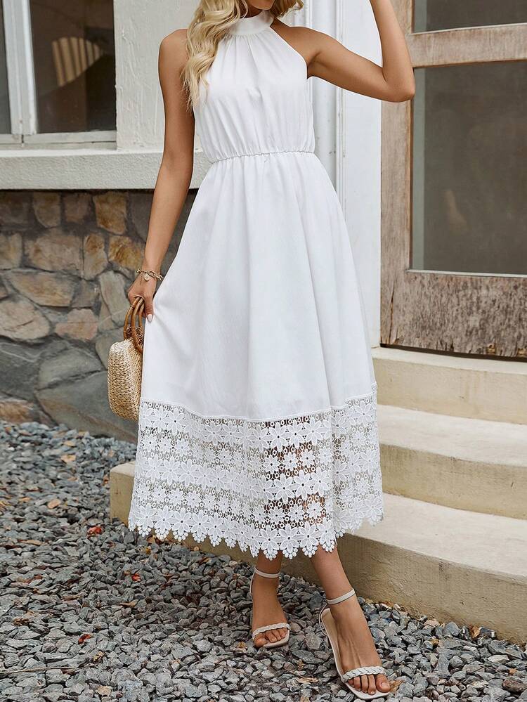 Lace Trim Halter Neckline Dress