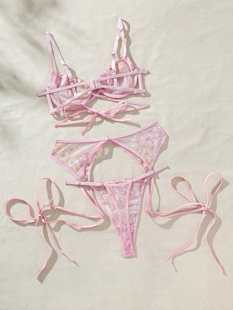 Women's Floral Embroidered Mesh Sexy Lingerie Set