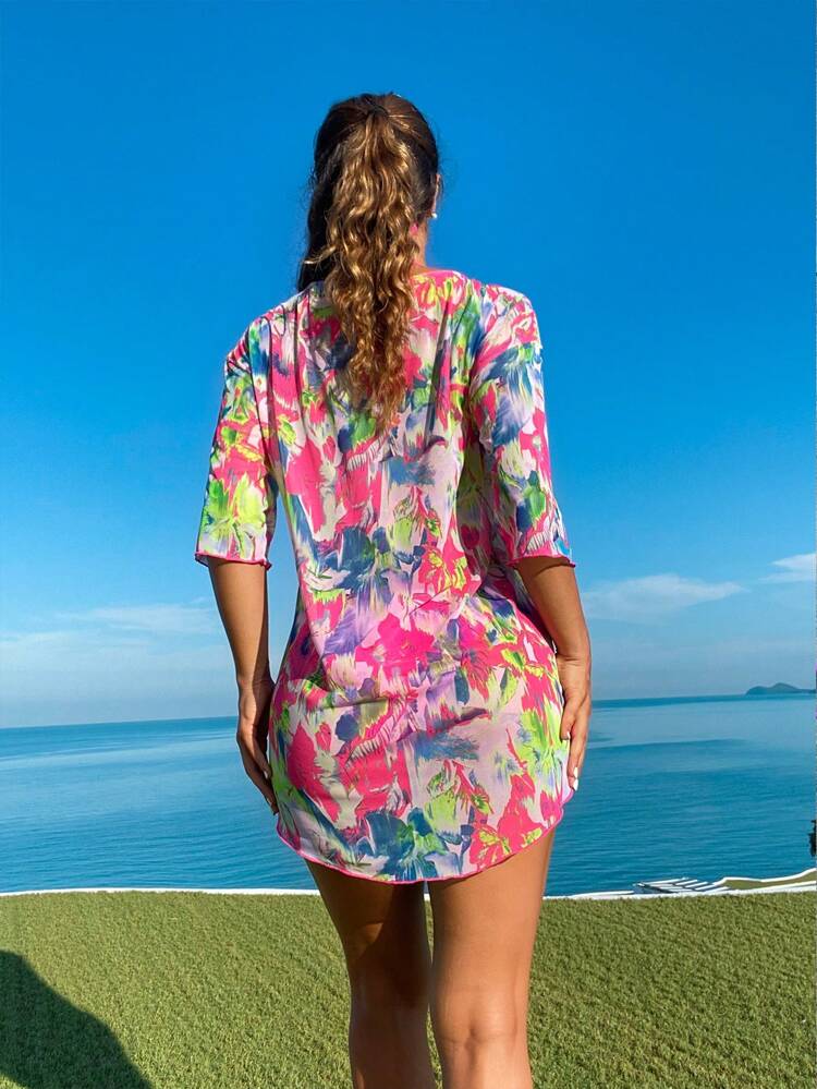 Plain Triangle Bikini Set With Hook Closure And Printed Full Coverage Cover-Up Carnival Summer