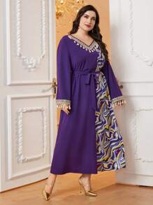 Al Najma Plus Size Printed V-Neck Dress With Tassel Trimmed Flare Sleeves