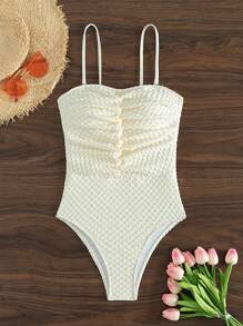 SHEIN Swim Women's Textured Ruched One Piece Swimsuit With Spaghetti Straps Wedding - Beige - View 7