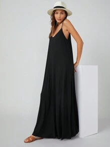 SHEIN BASICS Pocket Side Solid Cami Dress - Black - View 6