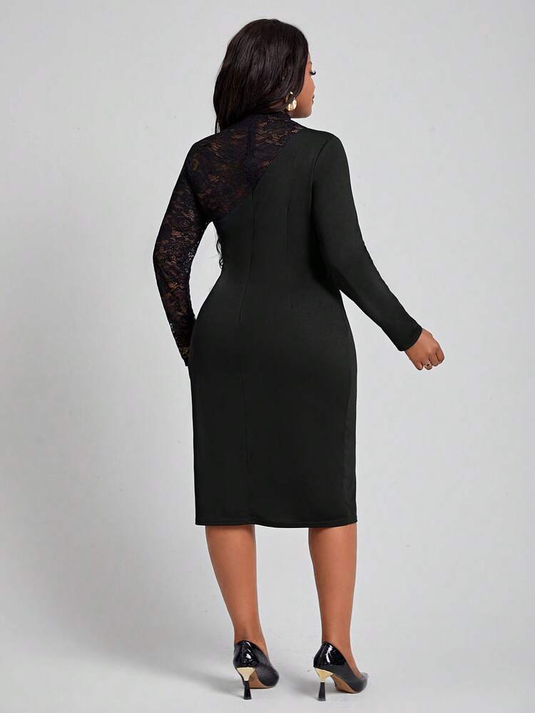 Plus Size Hollow Out Detail Lace Panel Dress