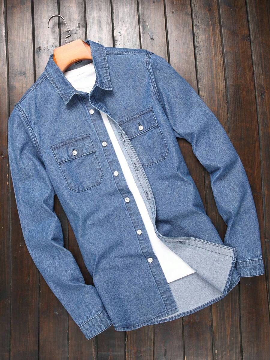Manfinity Homme Men'S Long Sleeve Denim Shirt - Dark Wash - View 1