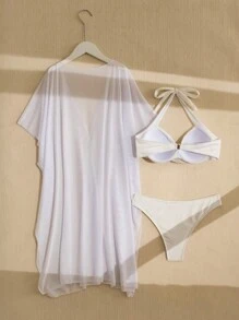 SHEIN Swim 女士交叉前挂脖比基尼套装夏季海滩 - 白色 - 查看 4