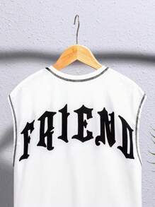 青少年男童休閒字母印花拼接圓領背心上衣 - 白色 - 查看 3