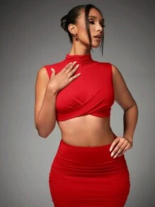 SHEIN BAE Women's Mock Neck Pleated Crop Top And Skirt Set For New Year Party