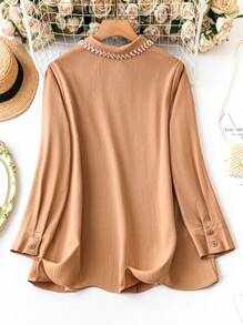 SHEIN LUNE Kích thước lớn Của phụ nữ Dệt kim Trang trí Vòng cổ Tay áo dài Áo sơ mi - Màu Khaki - Xem 2