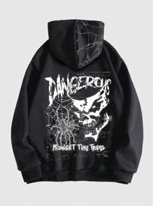 ROMWE MEN Grunge Punk Áo hoodie in chữ và nhện cho nam có lót nhiệt cho Halloween, trường học - màu đen - Xem 1