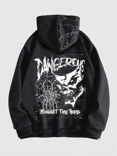 Grunge Punk Sudadera con capucha para hombre con estampado de araña y letras, forrada térmicamente para Halloween, escuela