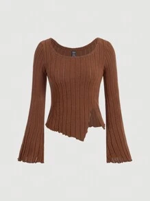 SHEIN MOD 女用開叉下擺長袖羅紋 T 卹 - 棕色 - 查看 1