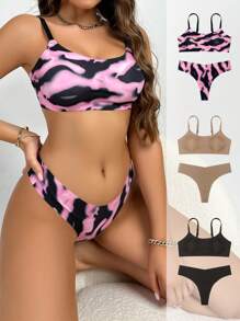 SHEIN Allover Print Bra & Panty Lingerie Set 3 Set, - Multicolor - View 1