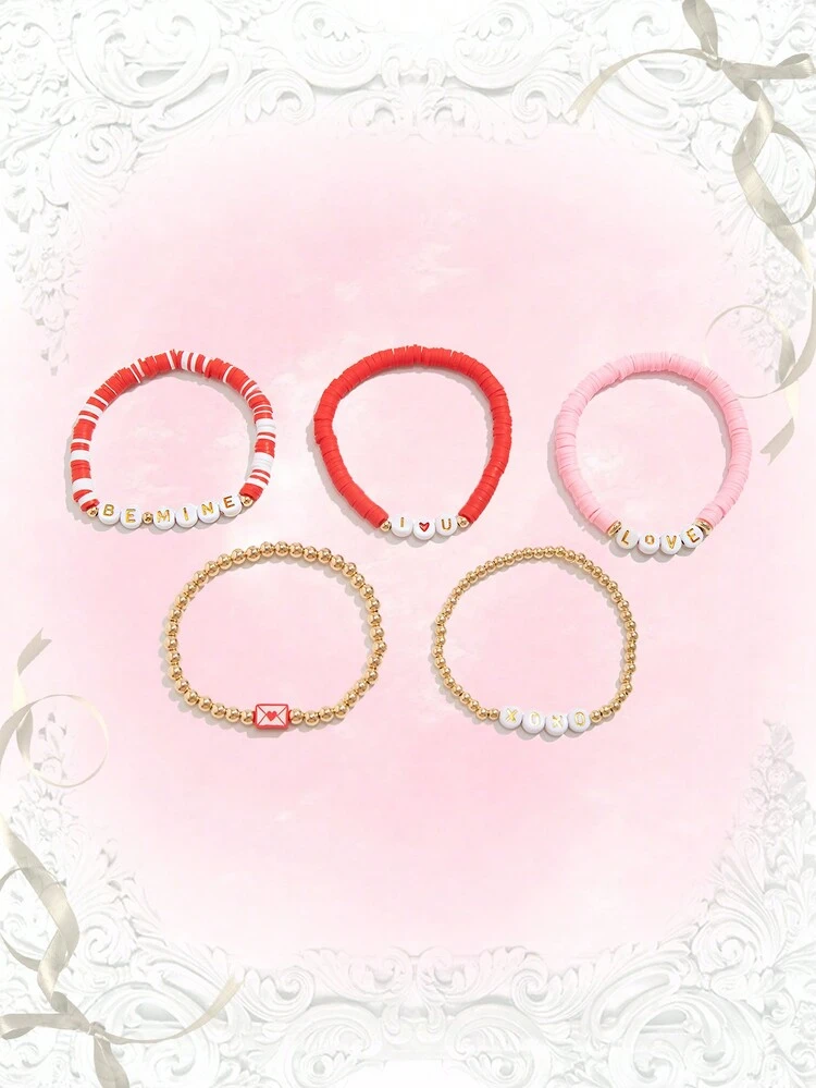 5pcs Sweet & Cute Letter Beaded Soft Clay Bracelet Set, Suitable For Daily Wear, Best Gift For Friends And Lovers On Valentine's Day