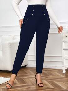 SHEIN Privé Plus Size Women'S Slim Fit Pants - Navy Blue - View 6