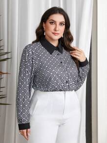Mulvari Plus Size Women'S Geometric Print Long Sleeve Shirt - Multicolor - View 5