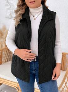 SHEIN LUNE Plus Size Women's Sleeveless Padded Coat With Thickened Lining, For Winter Fall Autumn - Black - View 5