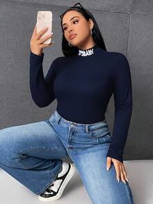 SHEIN EZwear Plus Size Women's Letter Print Stand Collar Long Sleeve T-Shirt - Navy Blue - View 3