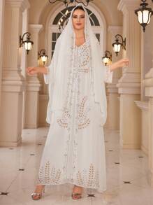 Women's Long Sleeve Elegant Sparkly Dress With Matching Headscarf Modest Kaftan Arabian Dress - White - View 2