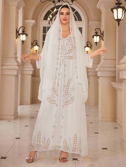 Women's Long Sleeve Elegant Sparkly Dress With Matching Headscarf Modest Kaftan Arabian Dress