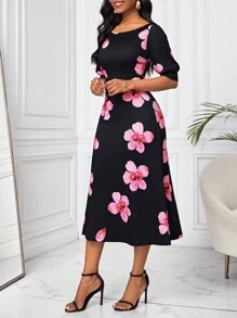 SHEIN Lady Floral Printed Puff Short Sleeve Dress - Multicolor - View 3