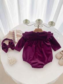 Baby Girl Velvet Bodysuit With Star Embroidery - Purple - View 2