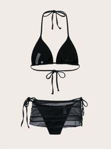 Swim SXY Solider Dreieck Bikini-Oberteil mit Knoten an den Seiten und dazugehörigem Netz-Cover-Up Rock für Bikini-Musikfestivals und Strand im Sommer - Schwarz - Übersicht 4