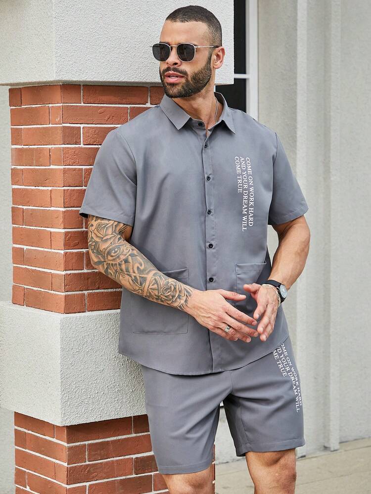 Men'S Plus Size Slogan Printed Shirt And Shorts Set