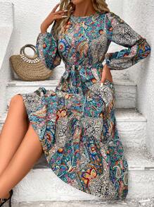 SHEIN LUNE 全版印花燈籠袖束腰連衣裙 - 彩色 - 查看 3