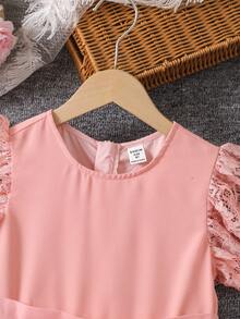 女童蕾丝盖袖A字腰连衣裙，甜美公主风，蕾丝盖袖设计，高腰A字，柔软舒适 - 粉色 - 查看 6