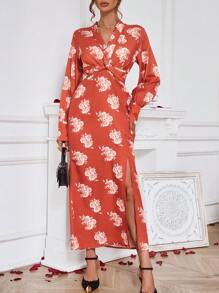 Chiquease Kleid Mit Blumen Muster Und Verdrehtem Detail Und Hohem Schlitz Am Saum - Orange - Übersicht 5