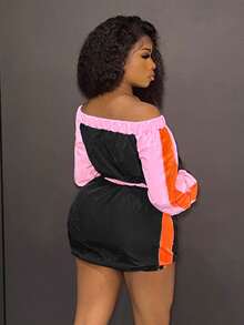 Slaydiva 拼色露肩上衣+抽繩側開衩裙套裝 - 彩色 - 查看 4