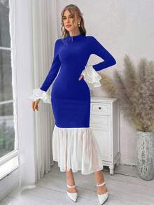 SHEIN Privé Ladies' Color Block Mermaid Hem Dress - Royal Blue - View 6