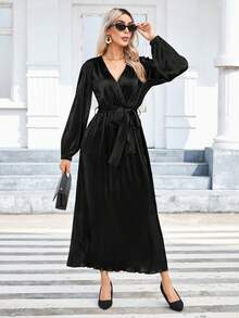 SHEIN Privé Women'S Wrap Tie Dress - Black - View 3