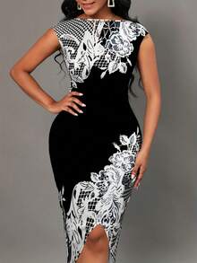 SHEIN Clasi 顏色拼接花卉拼布側開衩貼身連身裙 - 黑色 - 查看 5