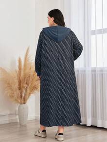 Mulvari 加大码全印花拉链半开襟卫衣连衣裙 - 霧霾藍 - 查看 2