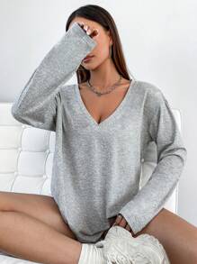 Flirla Women's Simple Basic V-Neck T-Shirt Fall Cloth For Women - Grey - View 6