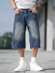 Manfinity EZcore Loose Fitting Men's Bleach Washed Denim Shorts With Slant Pockets Baggy Long Plain Navy Blue Going Out Japanese Style