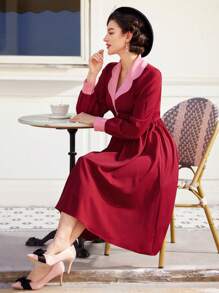 Vintamour Women's Vintage Color Block High Neck Dress - Burgundy - View 7