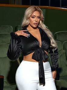 SHEIN SXY 加大碼毛絨袖口綁帶短款上衣 - 黑色 - 查看 7