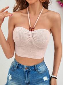 SHEIN VCAY Camiseta Sin Mangas De Moda Para Mujeres Con Cuello Halter Y Color Sólido - Albaricoque - Ver 1