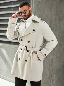 Manfinity Homme Men's Plus Size Double Breasted Shoulder Epaulet Trench Coat - Grey - View 4