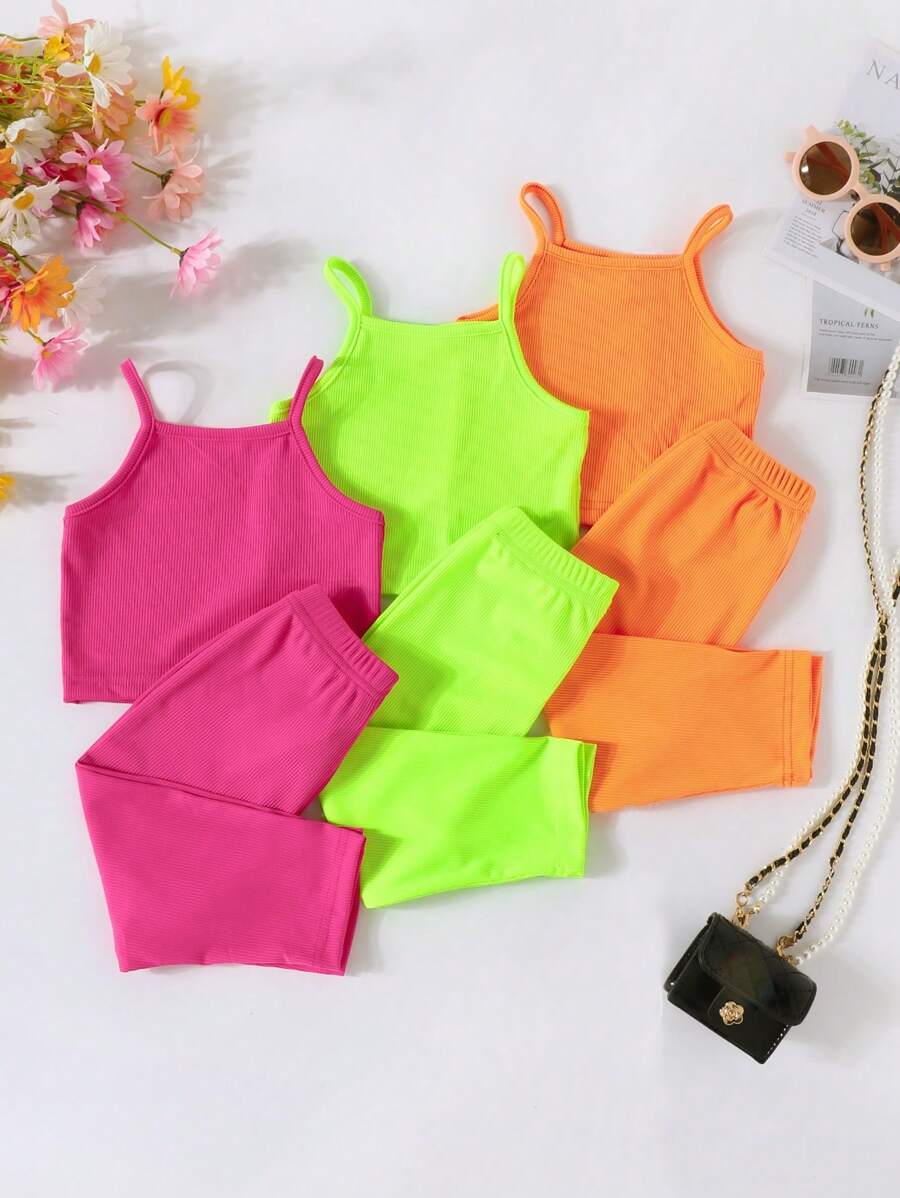 3 Piezas/set Conjunto De Tanque De Punto Acanalado Y Leggings Para Niñas De Bebé - Multicolor - Ver 1