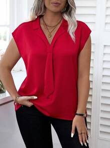 Elenzga 大码女式蝙蝠袖衬衫配仿领带，适合新年服装 - 紅色 - 查看 6