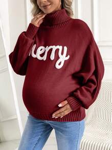 SHEIN Maternity High Neck Sweatshirt With Letter Print, For Winter - Burgundy - View 4