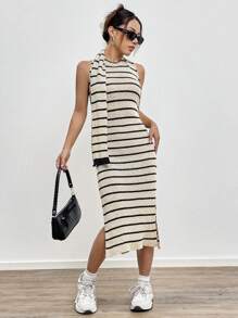 Flirla 時尚條紋分裂毛衣連衣裙,百搭款 - 黑與白 - 查看 1