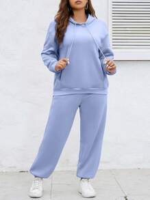 SHEIN Essnce Plus Áo hoodie dây rút trễ vai & quần thể thao - Màu xanh nhạt - Xem 4