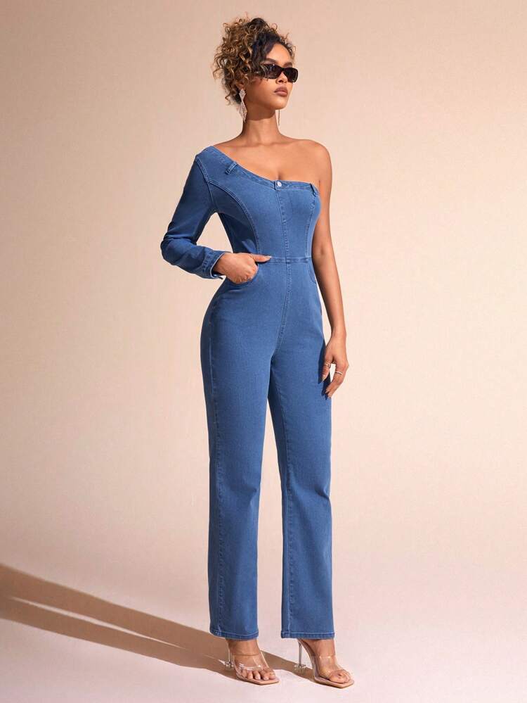 Women's One Shoulder Long Sleeve Denim Jumpsuit