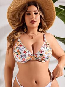 SHEIN Swim Curve 夏季海滩大码女式花卉印花泳衣带钢圈比基尼上衣嘉年华 - 彩色 - 查看 5