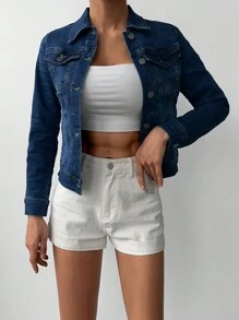 EURMUSE Flap Pocket Button Front Denim Jacket - Dark Wash - View 3