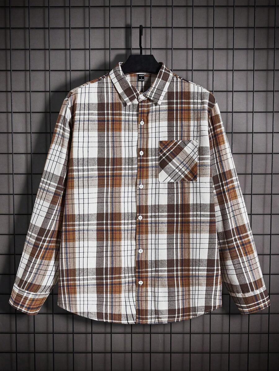 SHEIN Manfinity Homme Loose And Comfortable Men's Plaid Long Sleeve Shirt-Style Jacket
